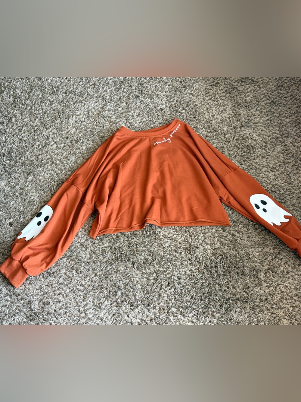 Cropped Orange Halloween Sweatshirt with Ghost Sleeve Graphics